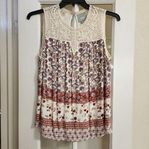 Maeve Anthropologie Lace Yoke Floral Boho Babydoll Tank Top Small Border Print